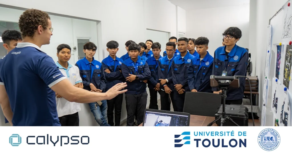 Students from ITC and Université de Toulon gathered inside the Calypso design room, listening to the Calypso designer explain the motorcycle design process. Calypso, ITC, and Toulon logos are visible in the image.