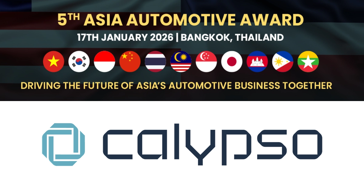 Header image for the 5th Asia Automotive Award featuring the event title at the top, a row of Asian member country flags in the middle, the slogan ‘Driving the Future of Asia’s Automotive Business Together,’ and the Calypso Motors logo at the bottom.