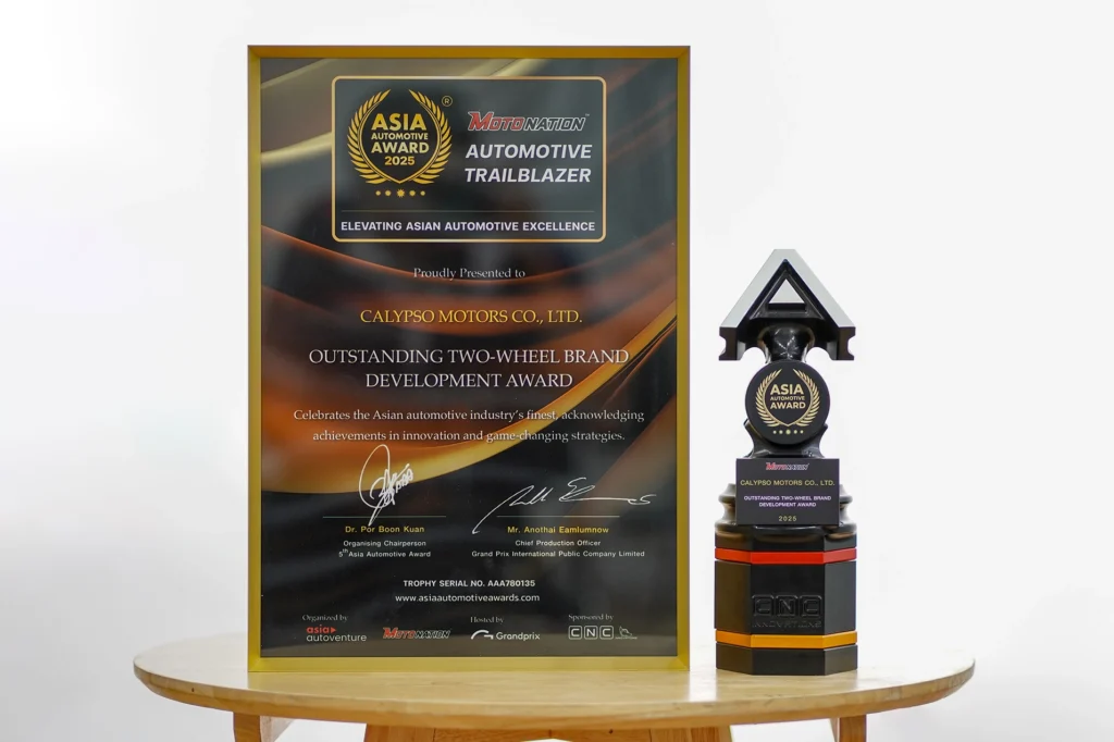 Official ASEAN Automotive Awards 2025 certificate and trophy awarded to Calypso Motors for Outstanding Two-Wheel Brand Development