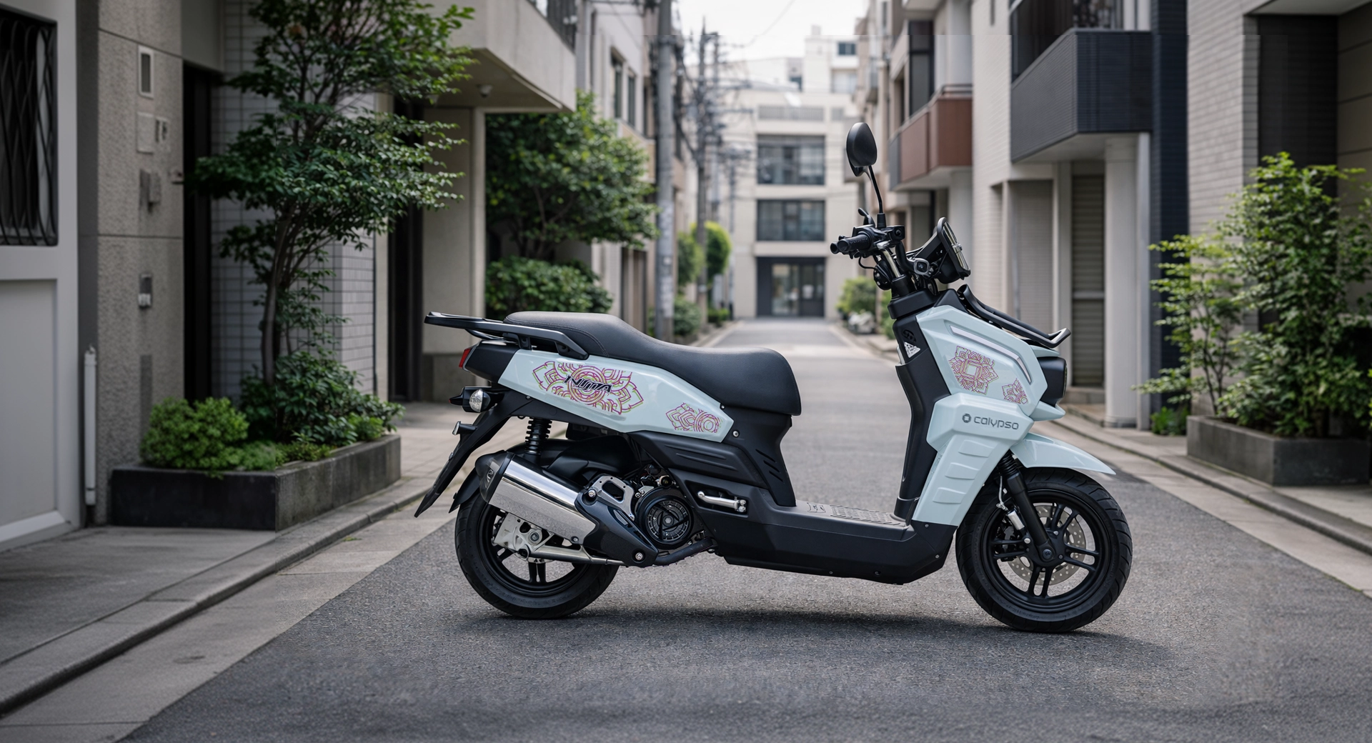 White and blue Calypso Nijia parked in clean city alley between modern apartment buildings