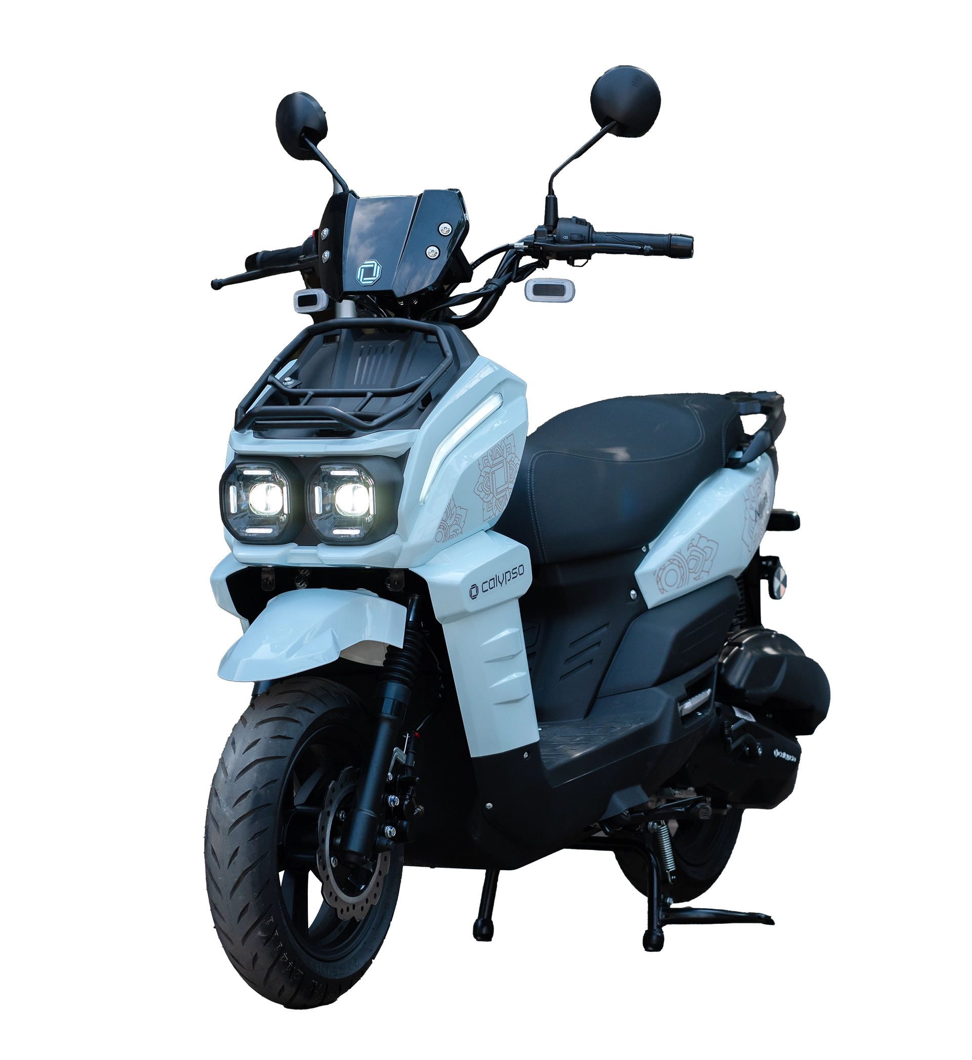 Calypso Nijia motorcycle 1/3 front angle view isolated on transparent background