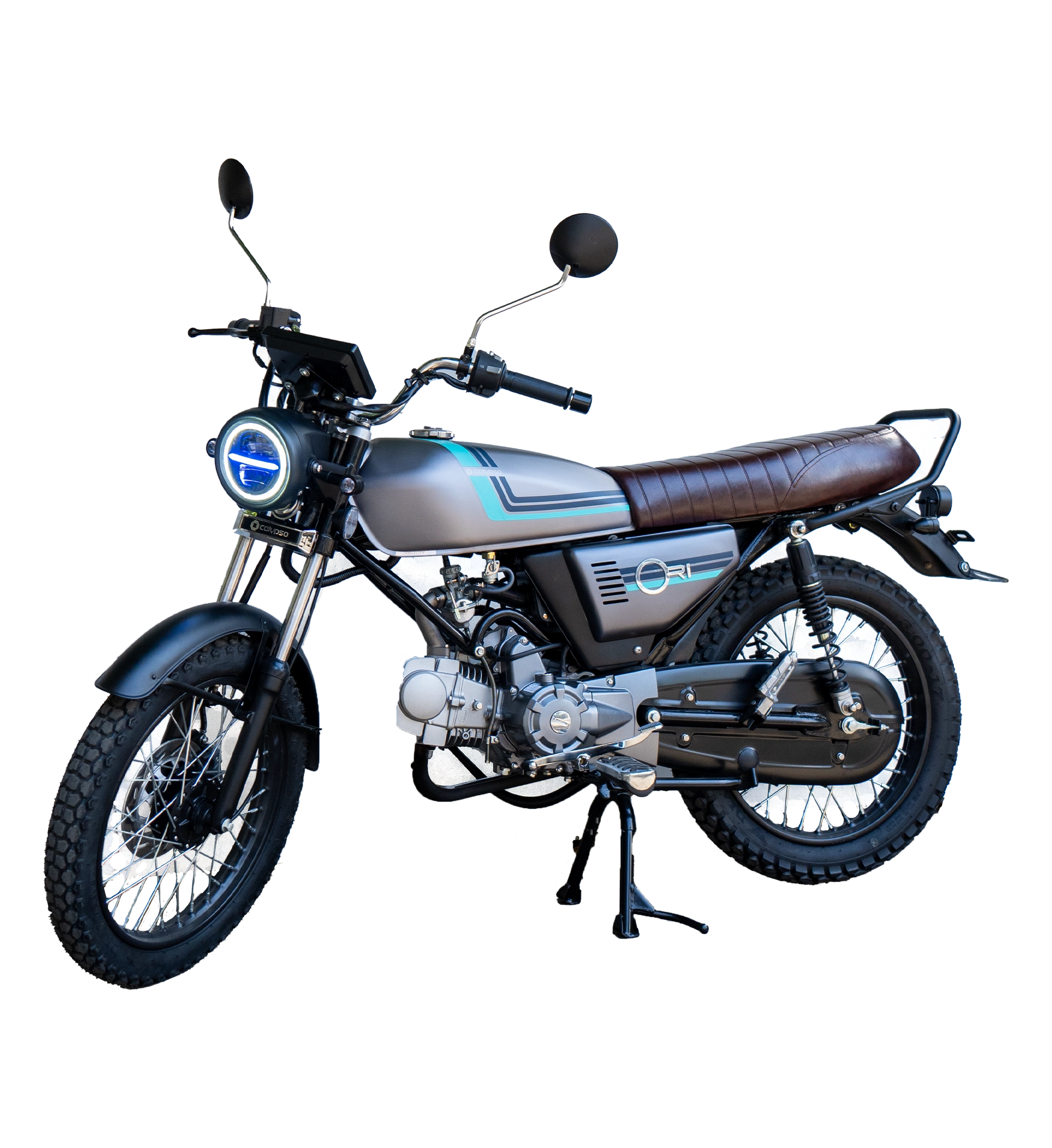 Calypso ORI motorcycle 1/3 front angle view isolated on transparent background